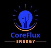 Logo for CoreFlux Energy: blue lightbulb with circuit lines, orange arcs, and text on black background.