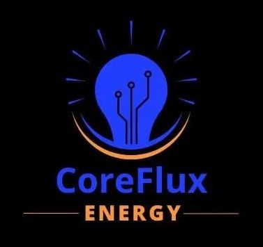 Logo for CoreFlux Energy: blue lightbulb with circuit lines, orange arcs, and text on black background.