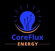 Logo for CoreFlux Energy: blue lightbulb with circuit lines, orange arcs, and text on black background.