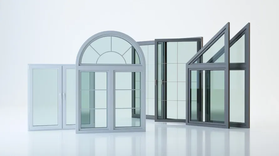 A group of different types of windows are sitting next to each other on a white surface.