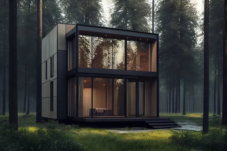 A modern house in the middle of a forest with lots of windows.