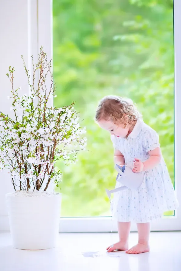 A little girl is watering a potted plant with a watering can.