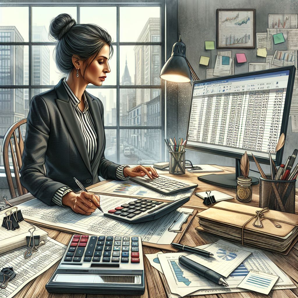 A woman is sitting at a desk with a computer and a calculator.