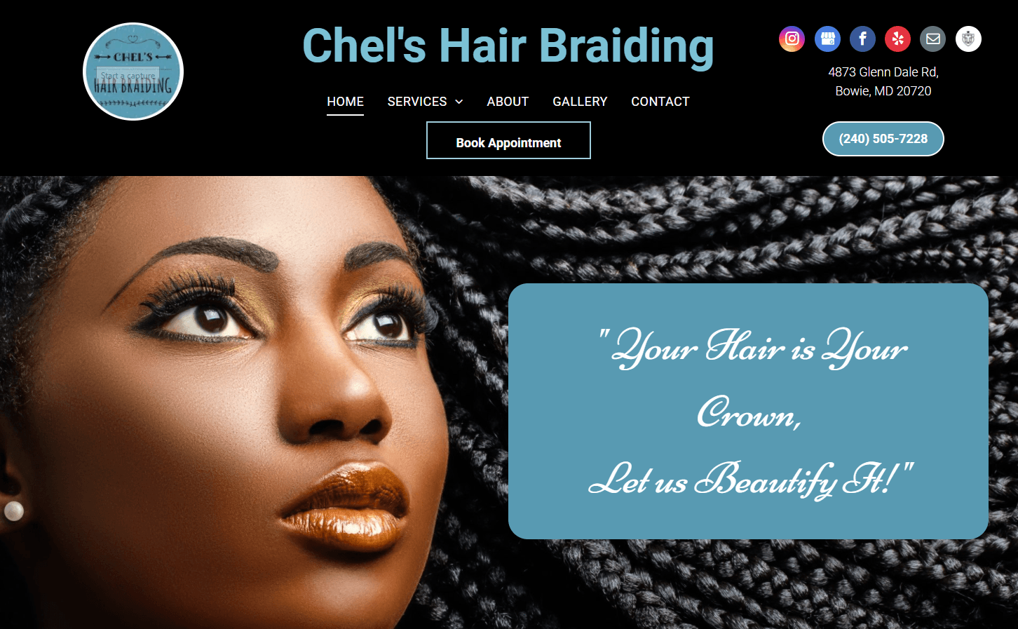 A website for chel 's hair braiding shows a woman with braids on her head.