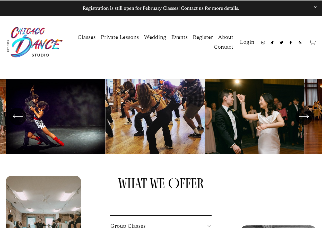 A chicago dance studio website shows a collage of photos of people dancing.
