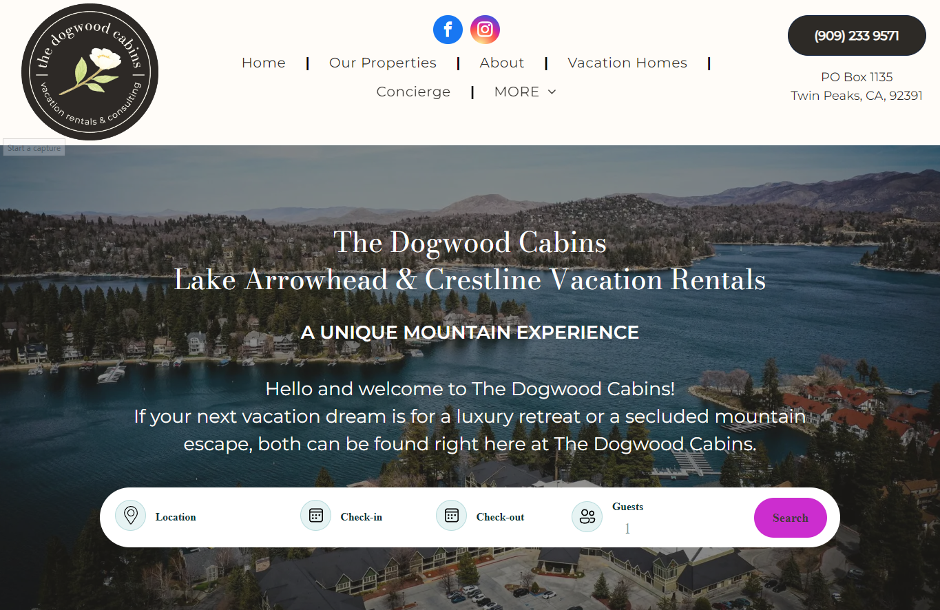 A screenshot of the dogwood cabins lake arrowhead & crestline vacation rentals website.