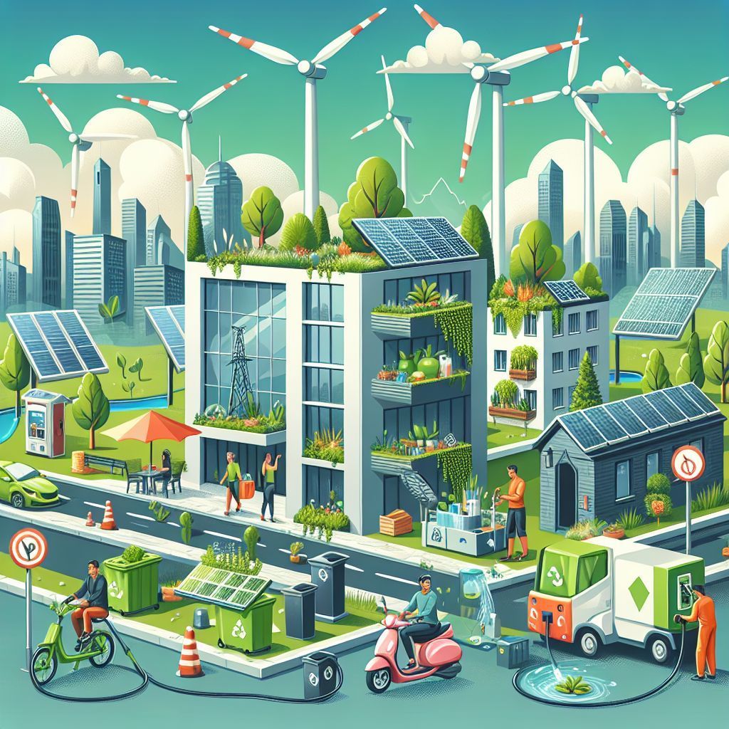 A pixel art illustration of a green city with AI receptionisty, windmills and solar panels.