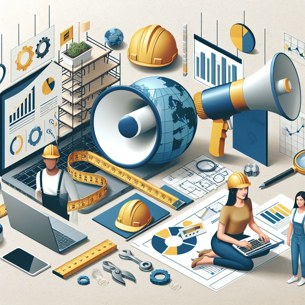 An isometric illustration of a female fractional CMO  using a laptop and a megaphone.