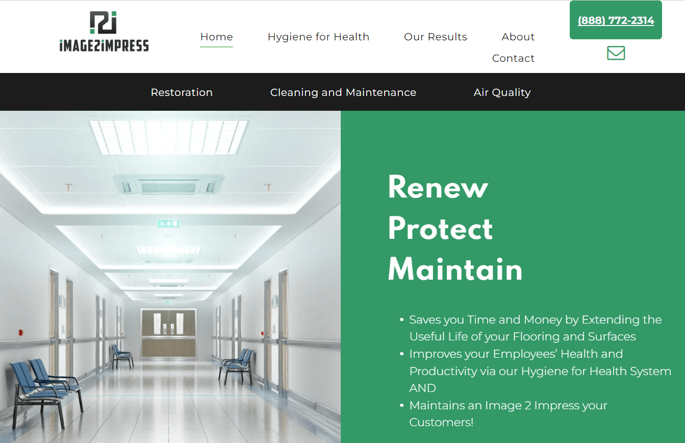 A hospital hallway with chairs and a sign that says renew protect maintain