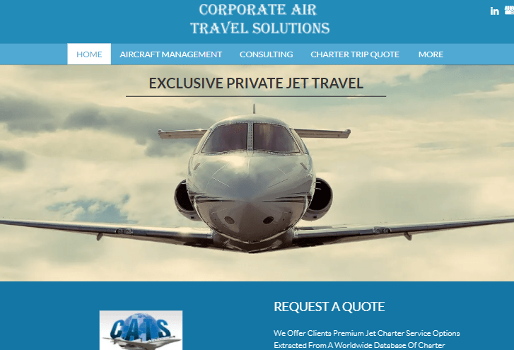 A website for corporate air travel solutions shows a private jet flying in the sky.