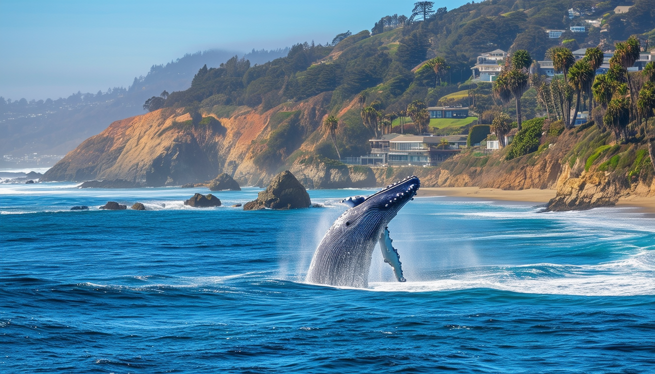 A humpback whale is jumping out of the ocean near a beach.