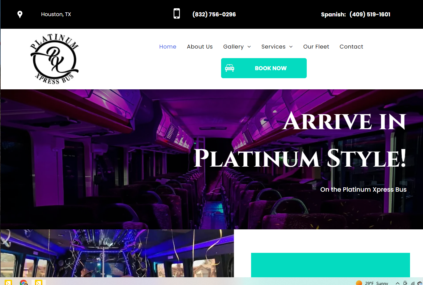 A screenshot of the website for platinum style limousines.