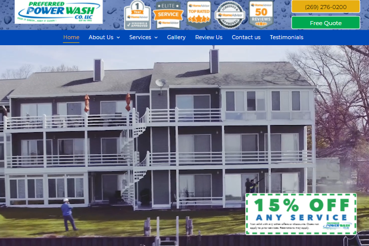 A website for preferred power wash offers a 15 % off any service