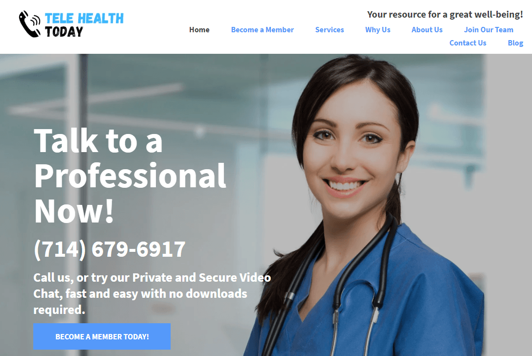 A nurse is smiling on a website that says talk to a professional now