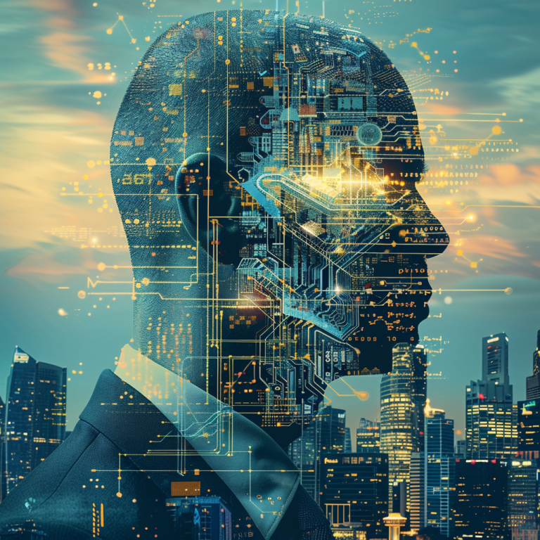 A double exposure of a man 's head with a city skyline in the background.