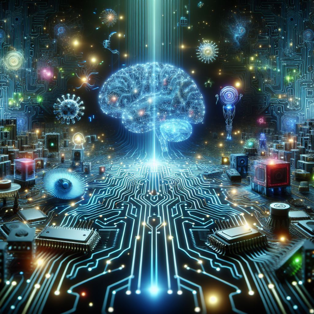 A computer generated image of a brain surrounded by electronic components.