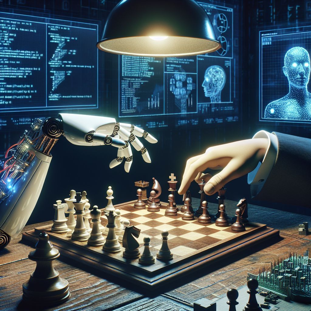 A man and a robot are playing chess on a wooden table.