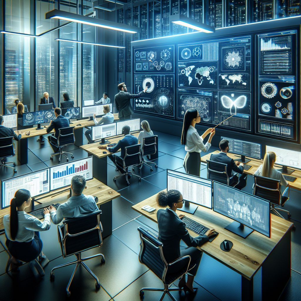 A group of people are sitting at desks in front of computer monitors in a large room.
