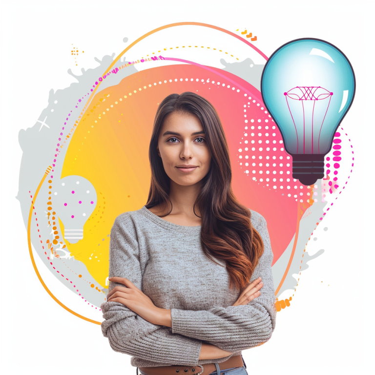 A woman is standing with her arms crossed in front of a light bulb.