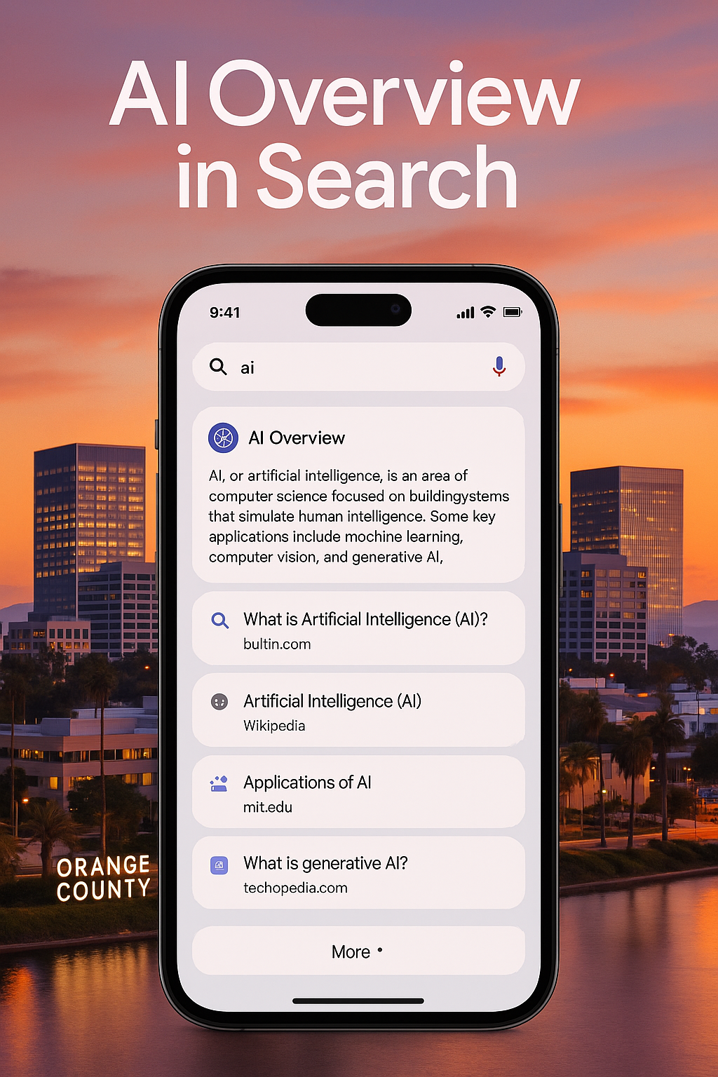 A cell phone with an overview in search app on it.