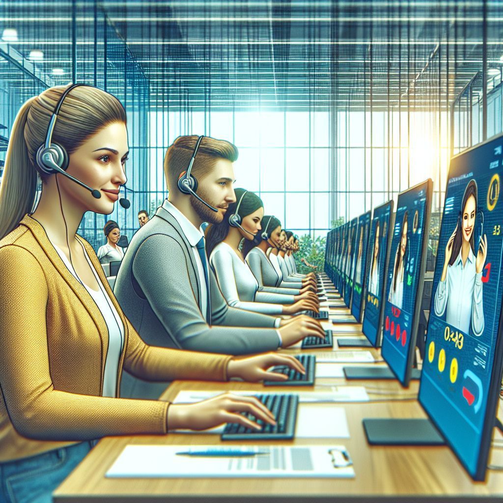 A group of people are sitting in front of computer monitors in a call center. AI phone answering