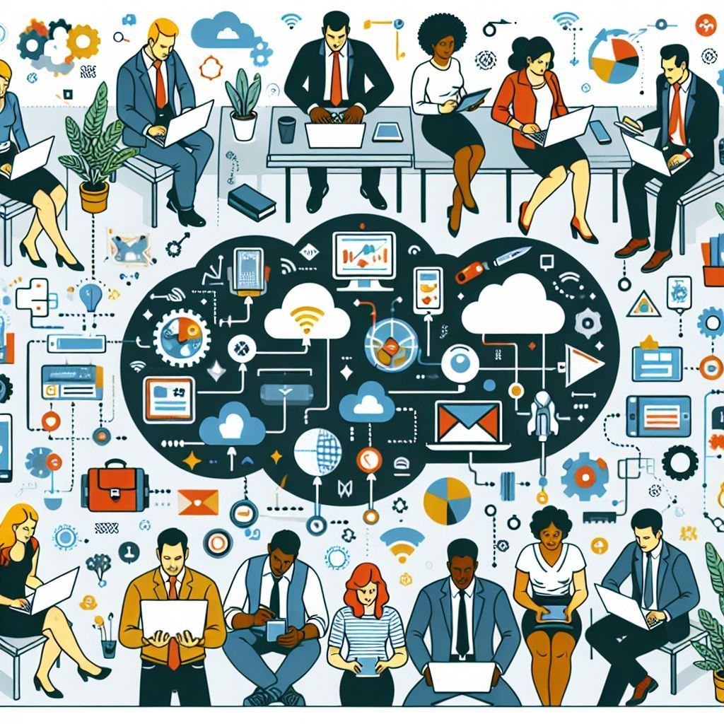 A group of people are sitting at tables with laptops and working with ai phone assistants.