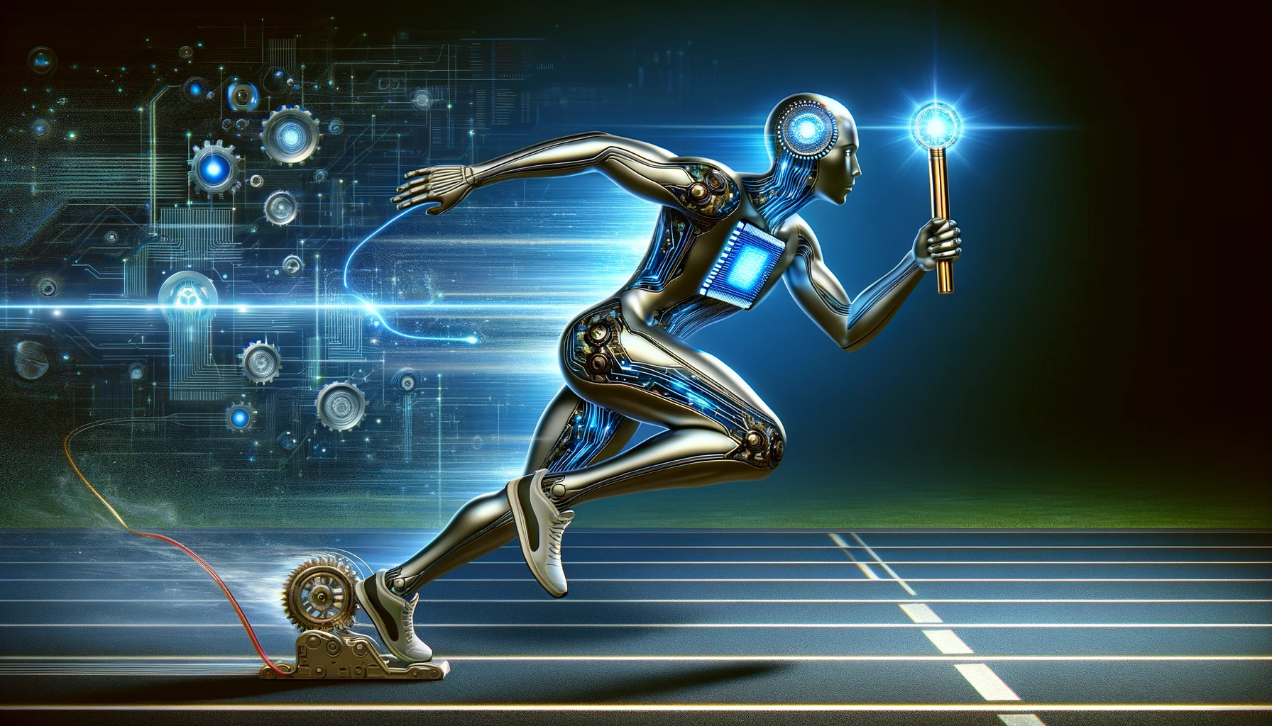 A robot is running on a track holding a torch.