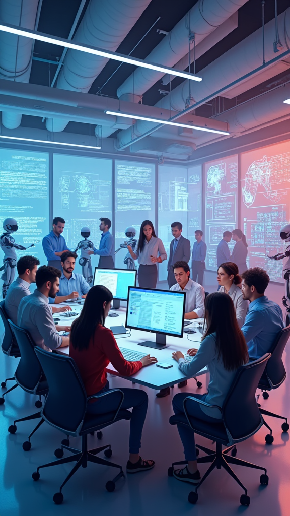 A group of people are sitting around a table in a conference room.
