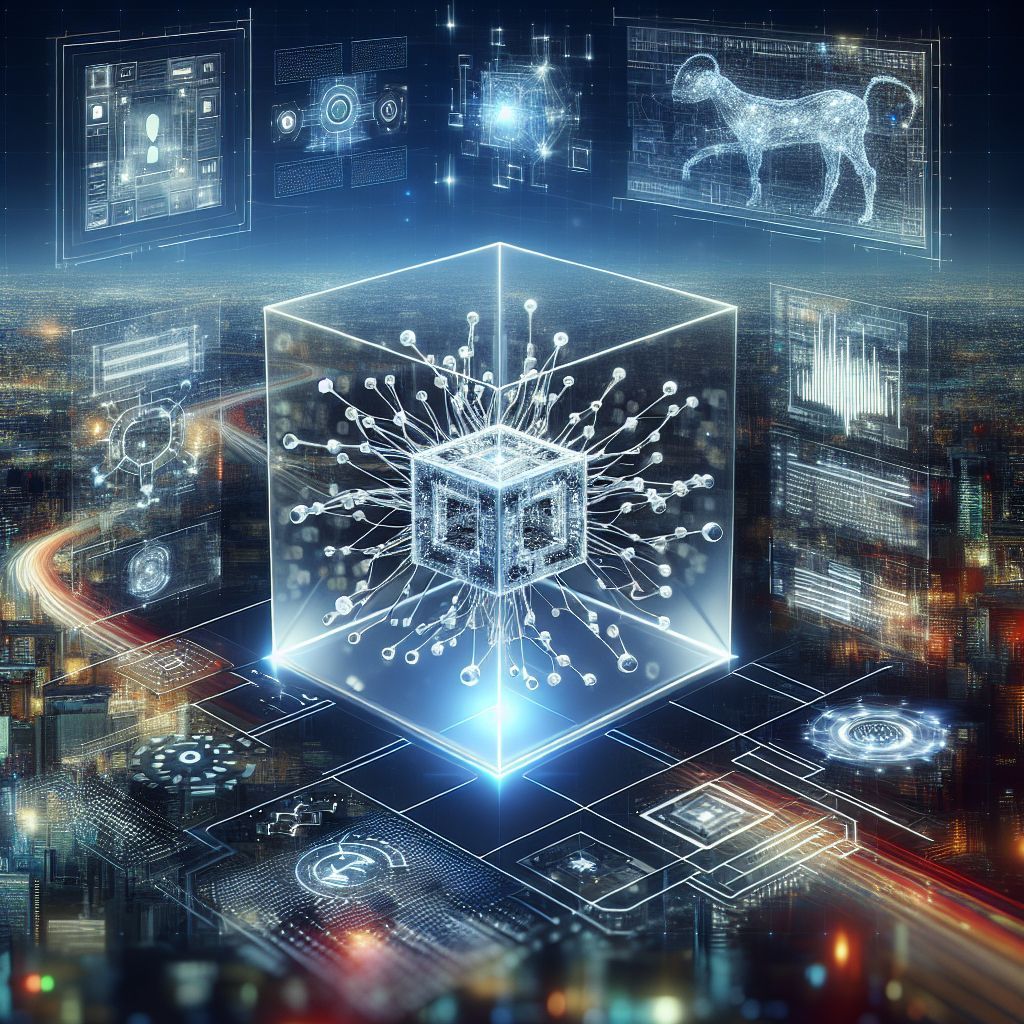 A cube with a horse on it is surrounded by a city at night for an ai answering service for startups.
