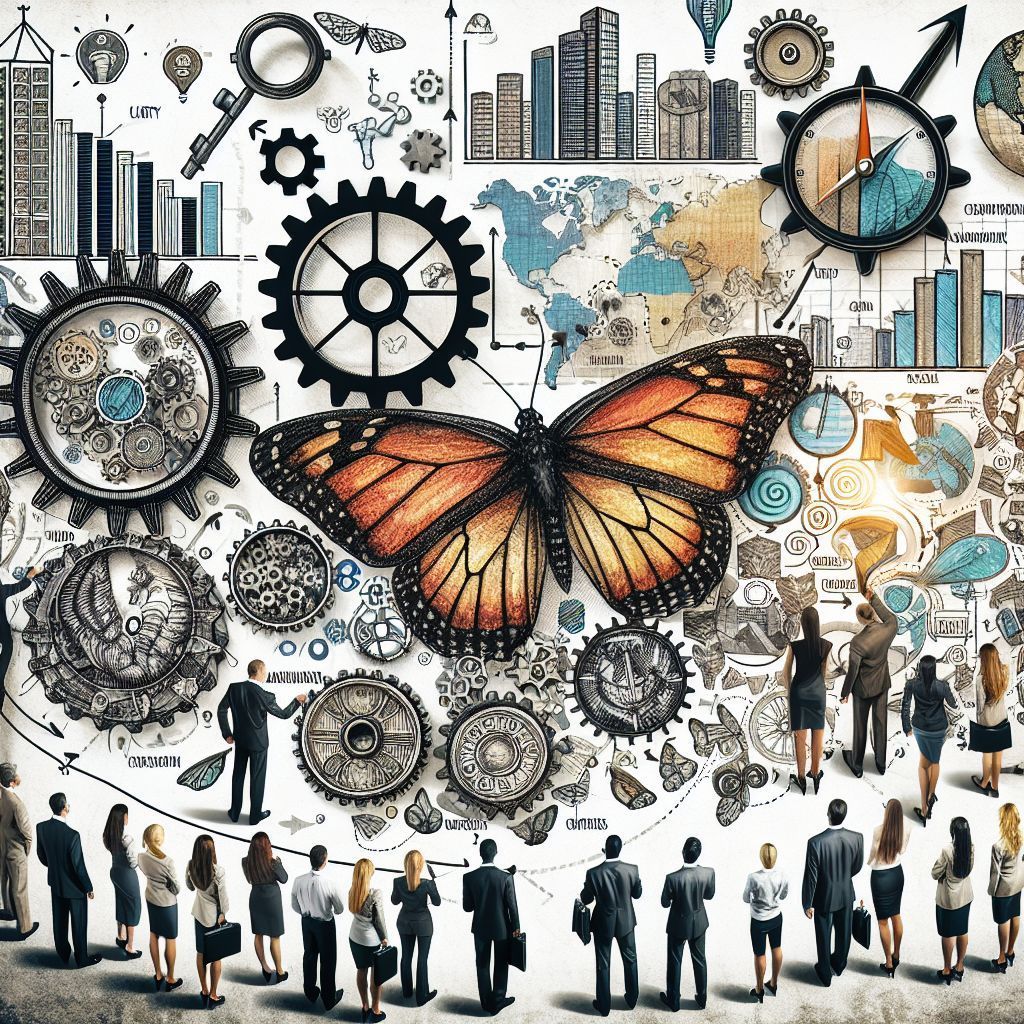 A group of people are standing in front of a butterfly and gears.