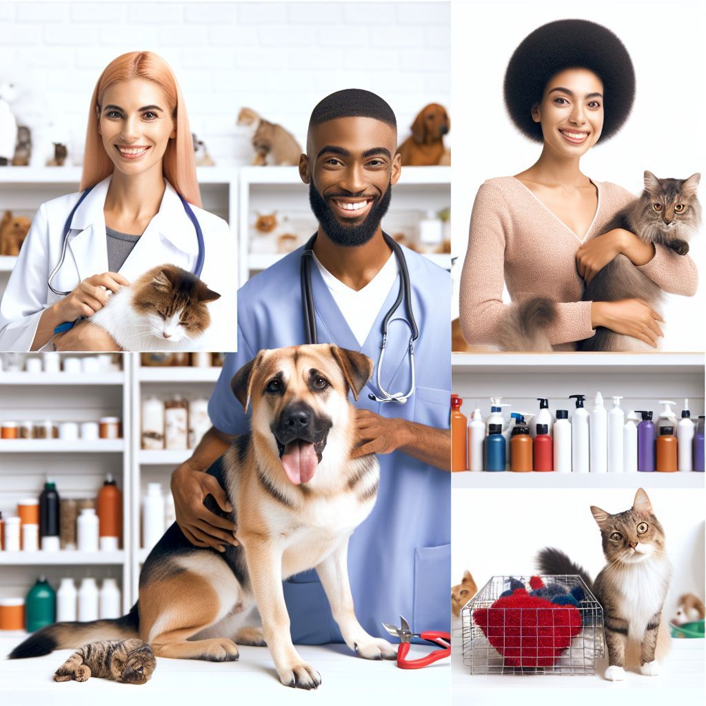 AI Rectptionist for pet srevices: A collage of photos of a veterinarian holding a dog and a cat.