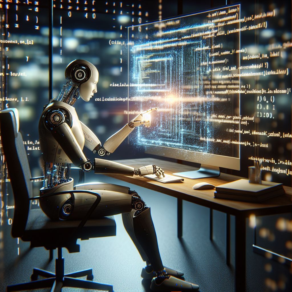 A robot is sitting at a desk in front of a computer.