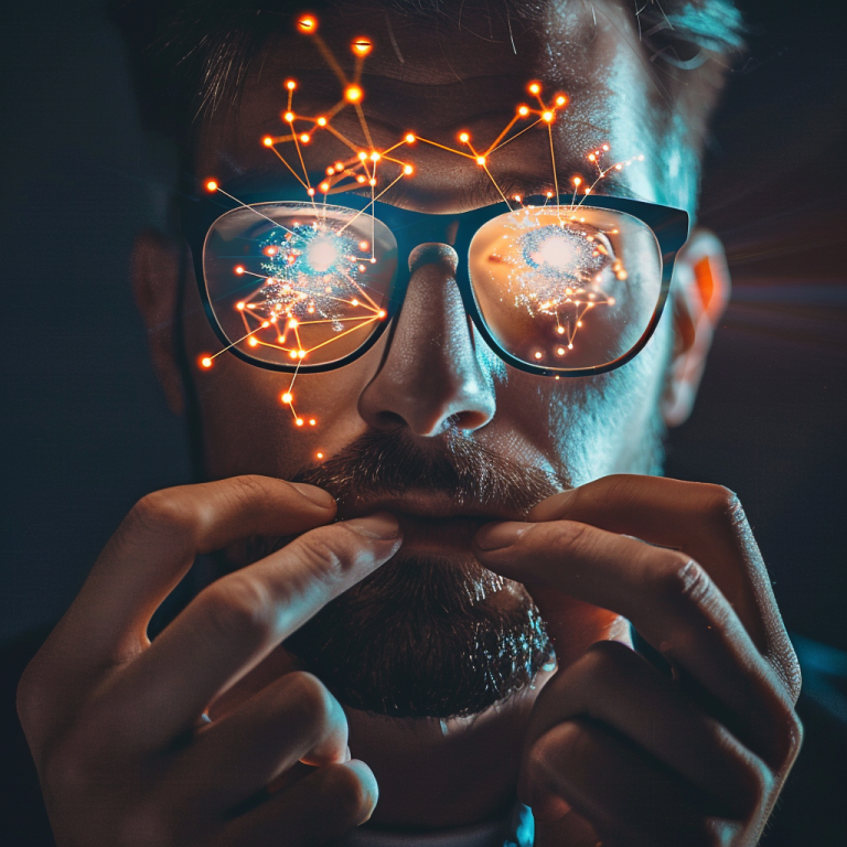 A man wearing glasses with lights reflected in them