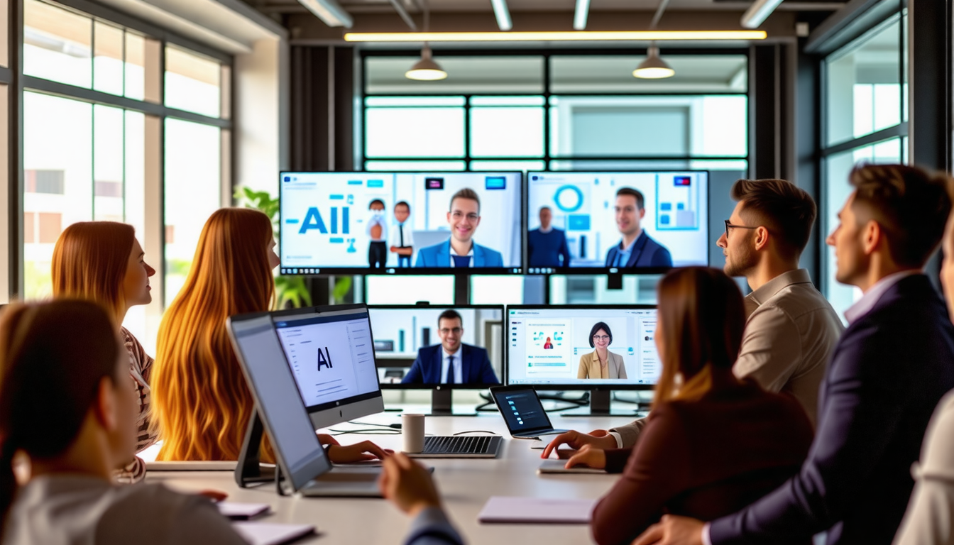 A group of people are sitting around a table having a video conference.