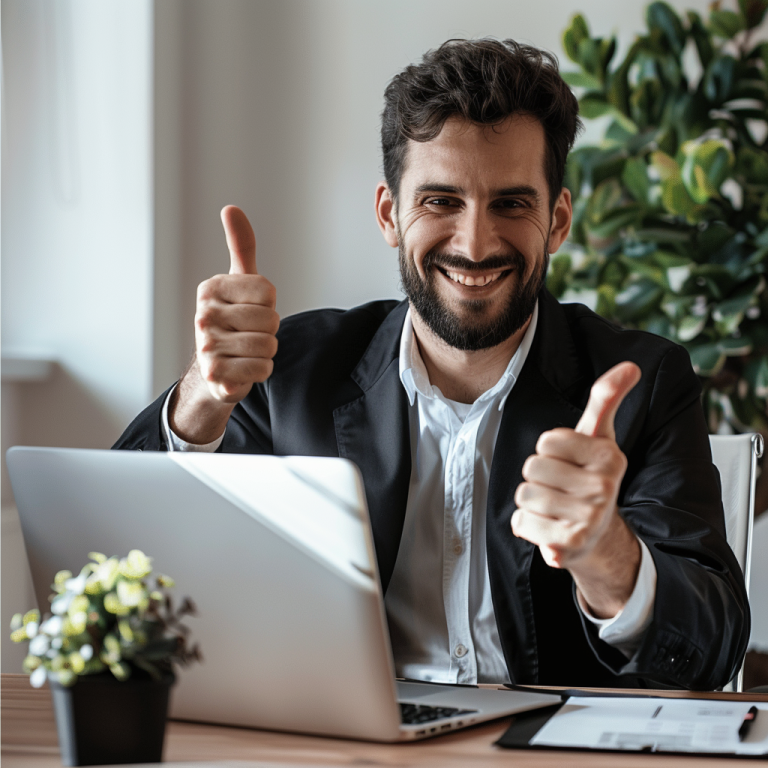 A man is giving a thumbs up while sitting in front of a laptop