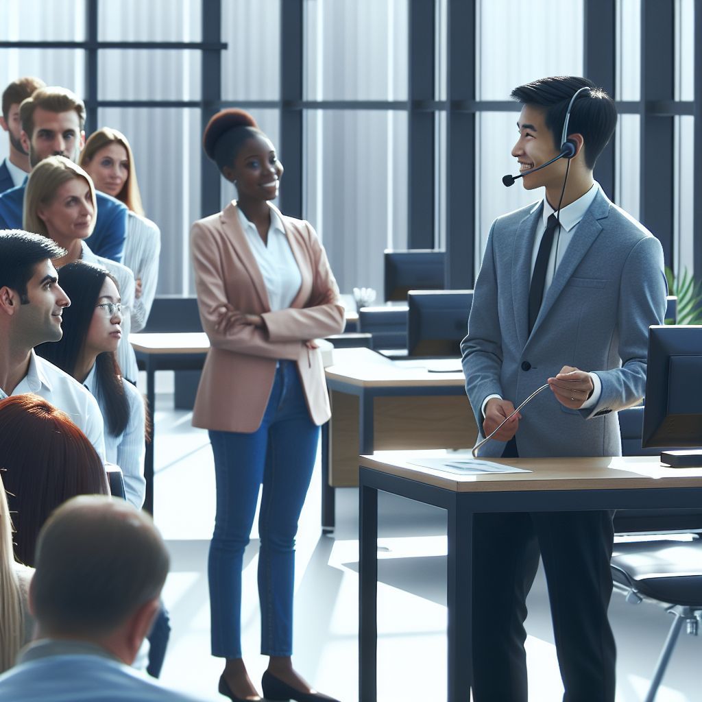 A man in a suit and tie is giving a presentation AI Customer Service  for small business.