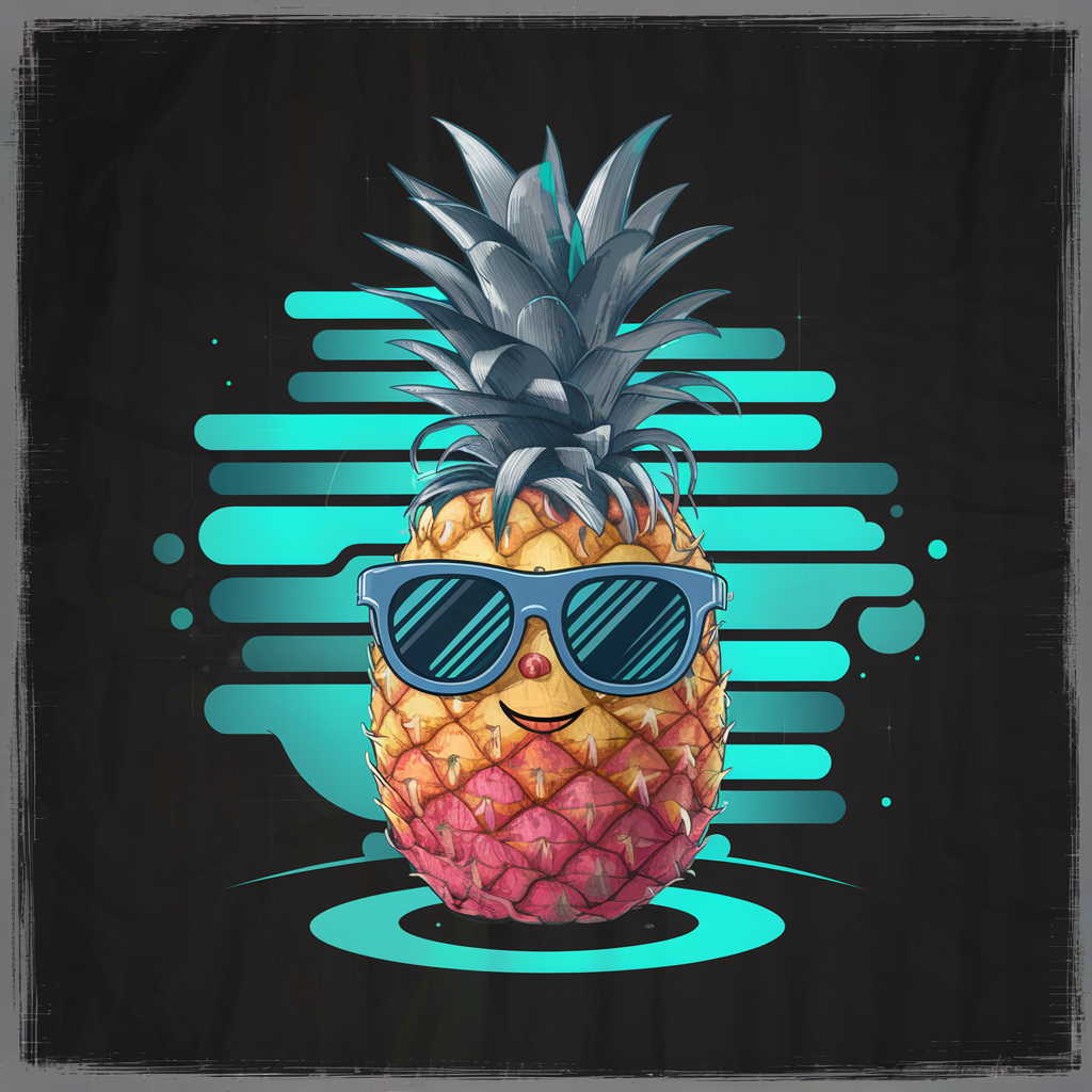 A pineapple wearing sunglasses on a black background.