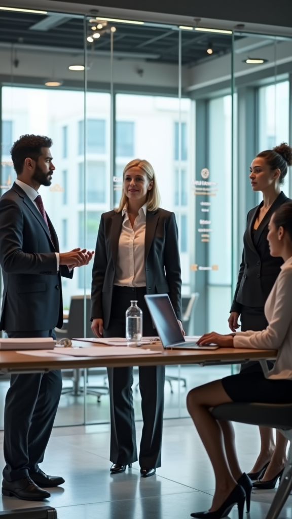 A group of business people are having a meeting in an office.