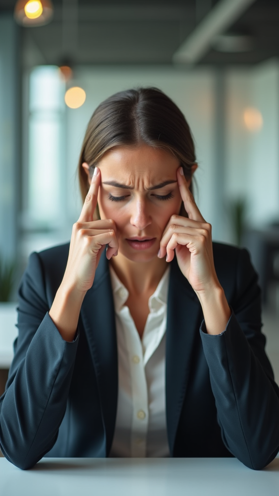 A woman is sitting at a table with her hands on her head.