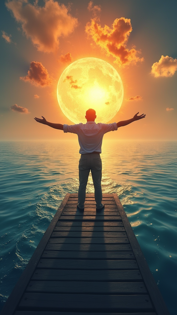 A man is standing on a dock with his arms outstretched in front of a full moon.