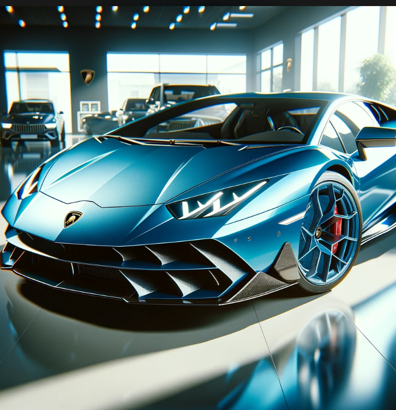 A blue lamborghini is parked in a showroom