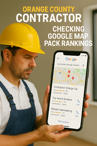 OC Contractor checking Google Map Pack Rankings on a iphone
