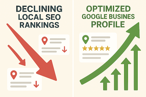 Before vs after Local Fortress™ optimization showing ranking improvements