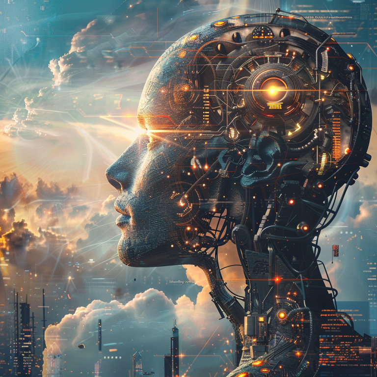 A robotic head with a city in the background.