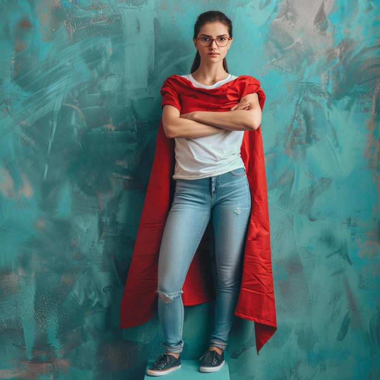 A woman in a red cape is standing in front of a blue wall.