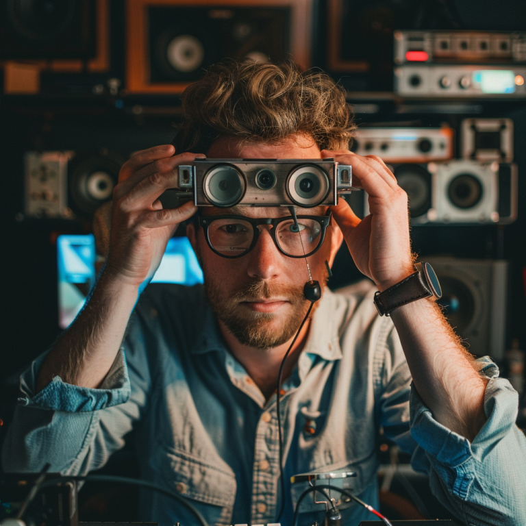 A man wearing glasses and a headset holds a camera over his head