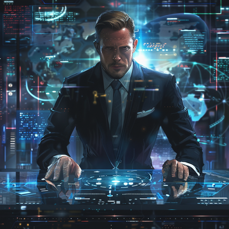 A man in a suit and tie is typing on a futuristic keyboard.