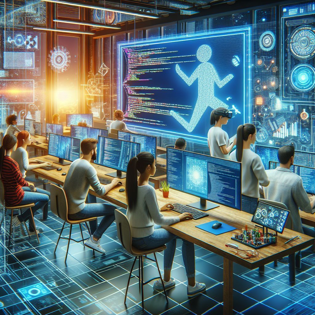 A group of people are sitting at desks in front of computer monitors in a futuristic room.