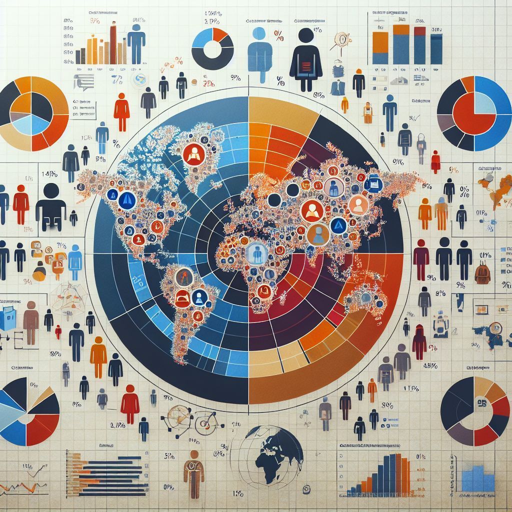 A map of the world surrounded by graphs and people