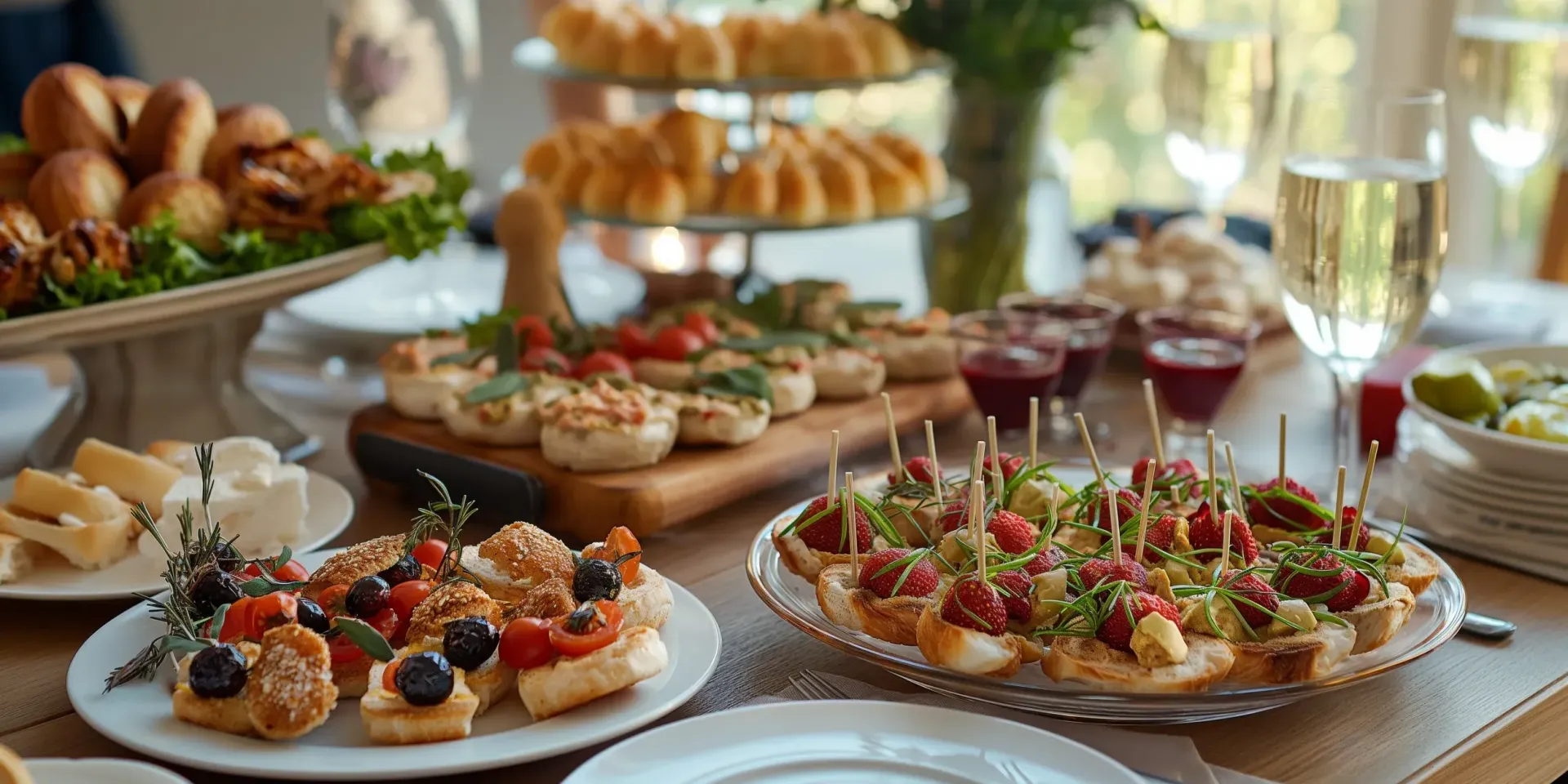 A table laden with appetizers and drinks, including mini quiches, cheeses, and champagne.